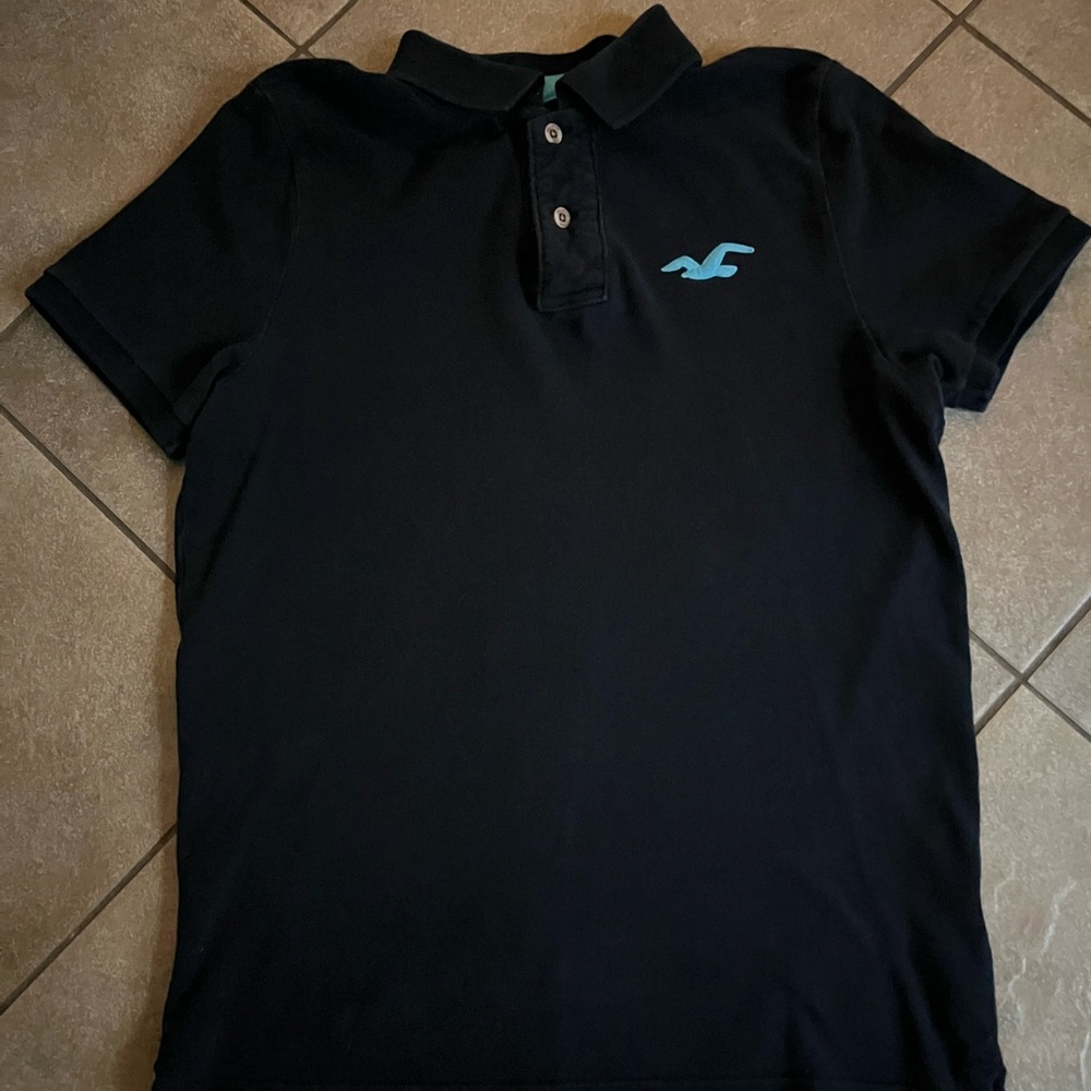 Hollister Black Polo Shirt with Teal Logo Size Large